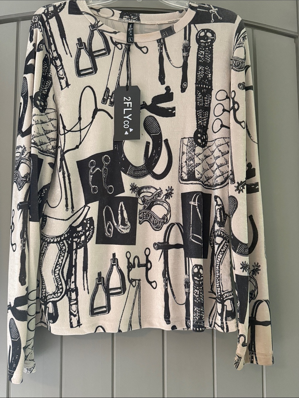 Women's Two fly co Cream & Black Equestrian Print long sleeve shirt